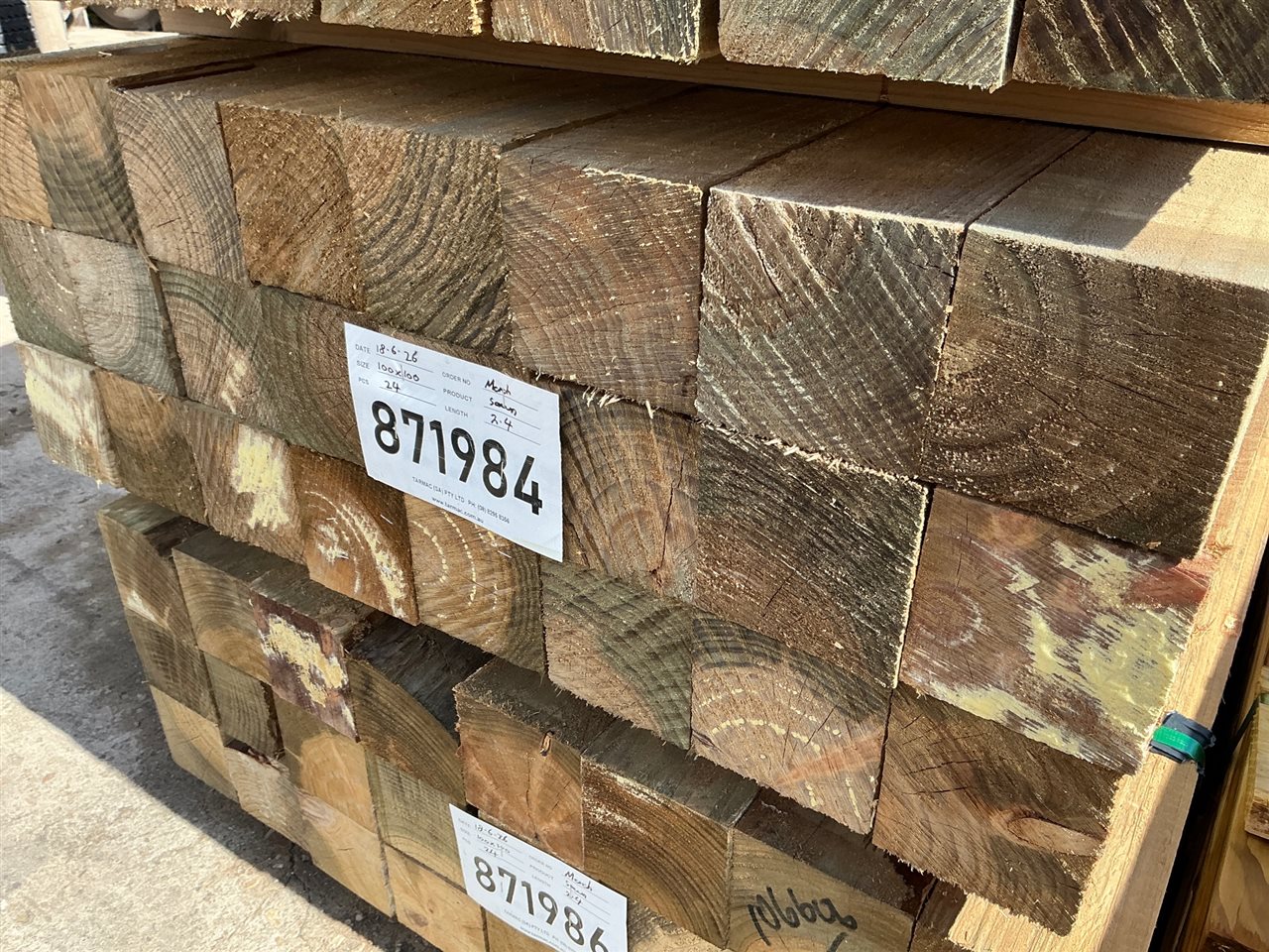 100 x 100, CCA Treated Pine, Sawn, 24 pcs @ 2.4 M, 57.6 Lin Metres Total Pk 871984