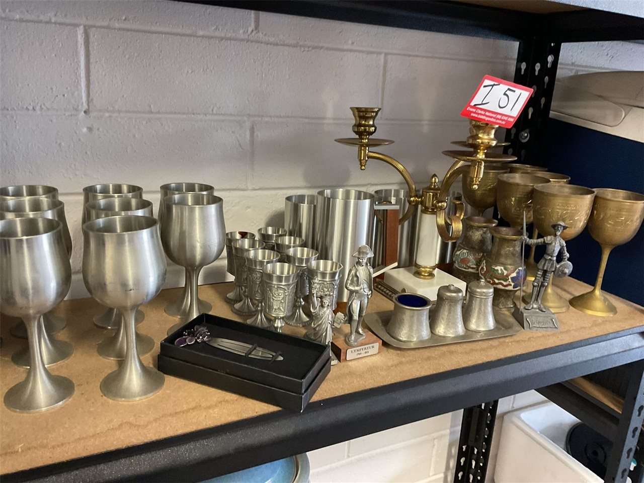 Pewter Wine Goblets And Beer Mugs, Brass Goblets, Salt And Pepper Set And Candlearbre