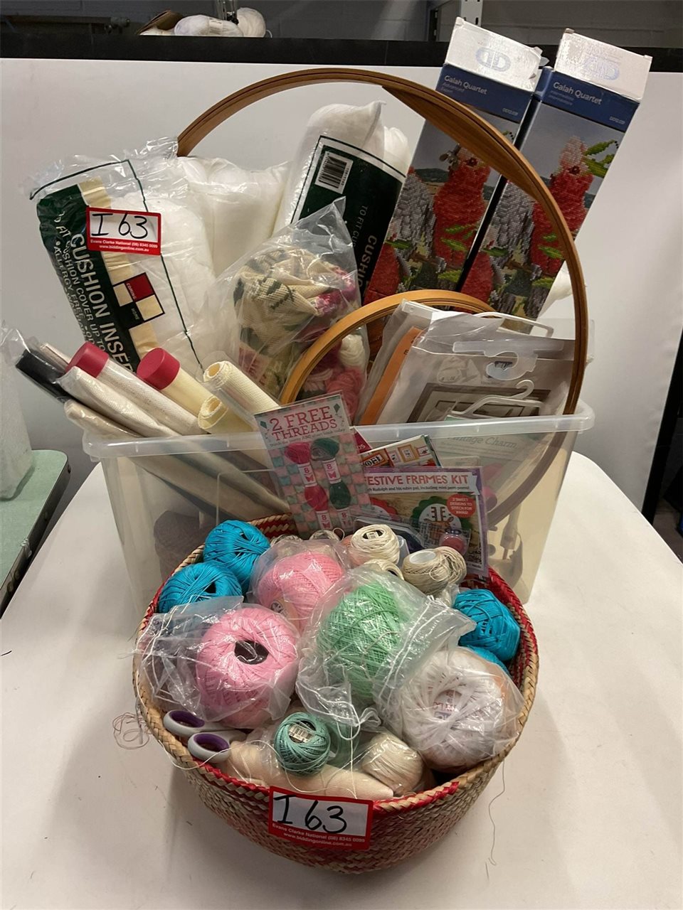 Embroidery Cloth, Tapestry, Assorted Cottons In A Basket, Cushion Inserts, Galah Diamond Dots Etc Etc