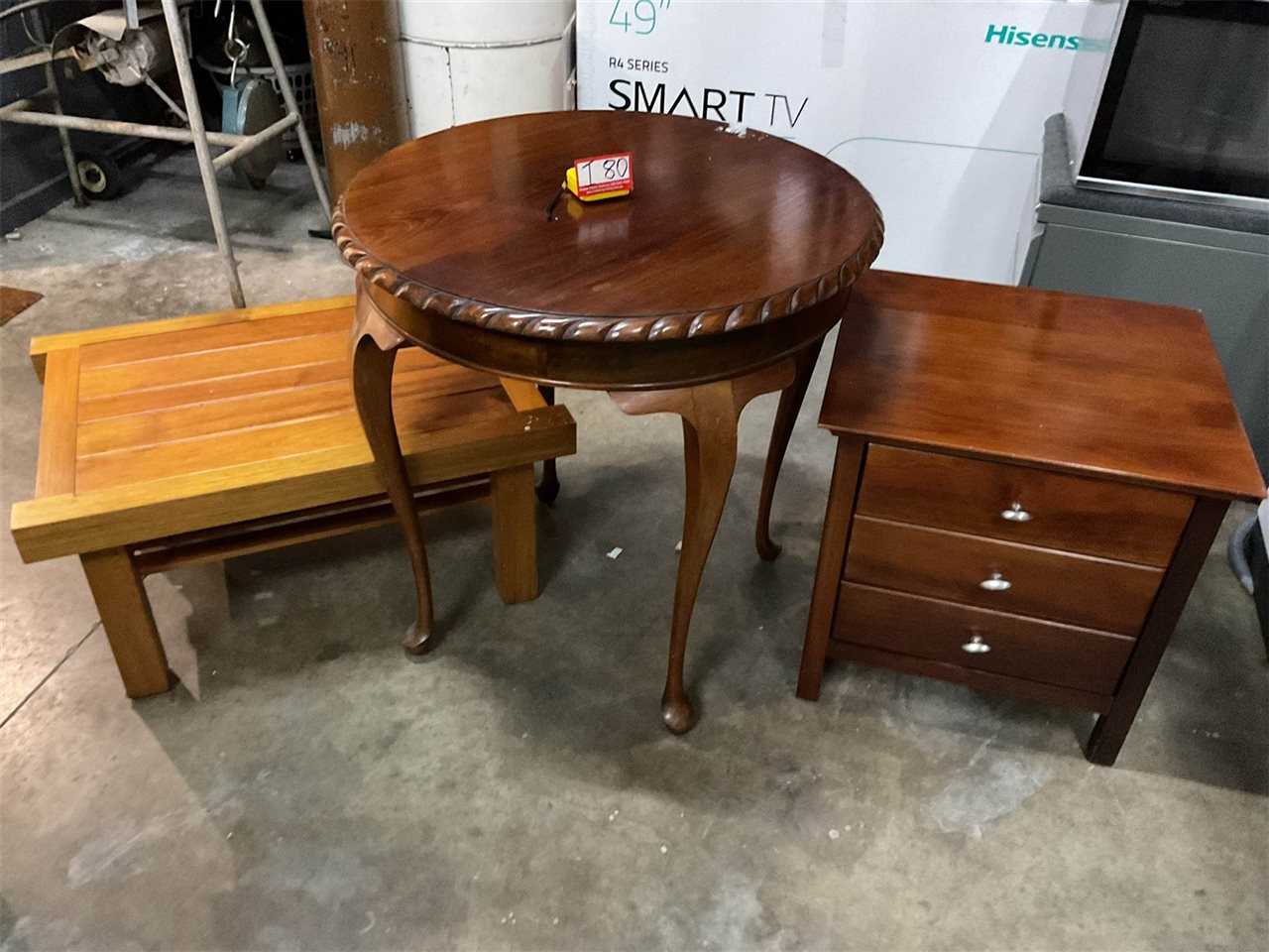 Timber Bedside Chest 48 Cm W X 51 Cm Deep X 51 Cm High, Rope Edged Table And Slatted Table 52 Cm Deep X75 Cm Wide X36 Cm High