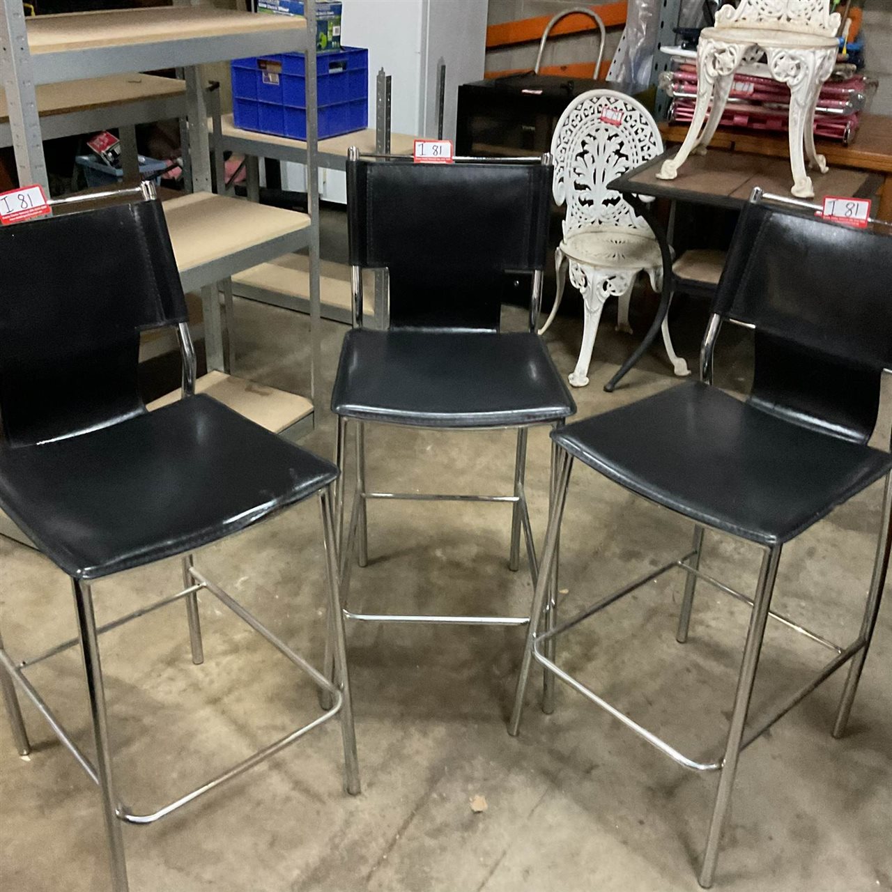 3 Metal And Black Leather Look Bar Stools
