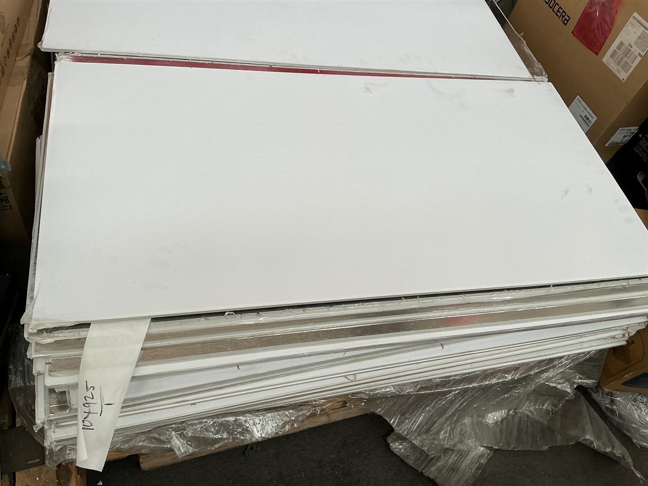 Ceiling Tiles - Quantity of 10 -Frost Vinyl Faced Lighty Textured -( On Plasterboard ) -Silver Backing - Size -1195 x 595 ( suit ceiling grid 1200 x 600 mm ) - Sold as is - Shop Soiled