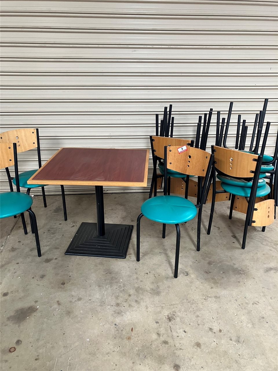1 x 800 x 800 Square Table, 10 x Green Chairs - Collection From Kadina