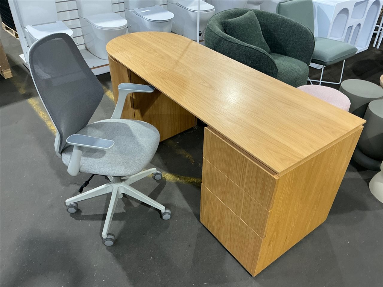 Oak Style Veneer Desk, Three Drawers, Chair with Arms