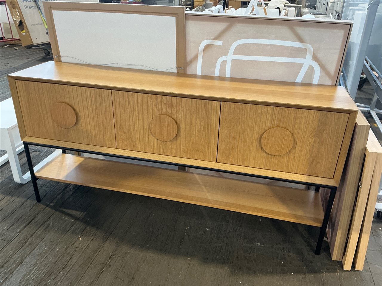 Side Cupboard, Oak Veneer, Drawers x 3, Shelf x 1, Metal Legs.