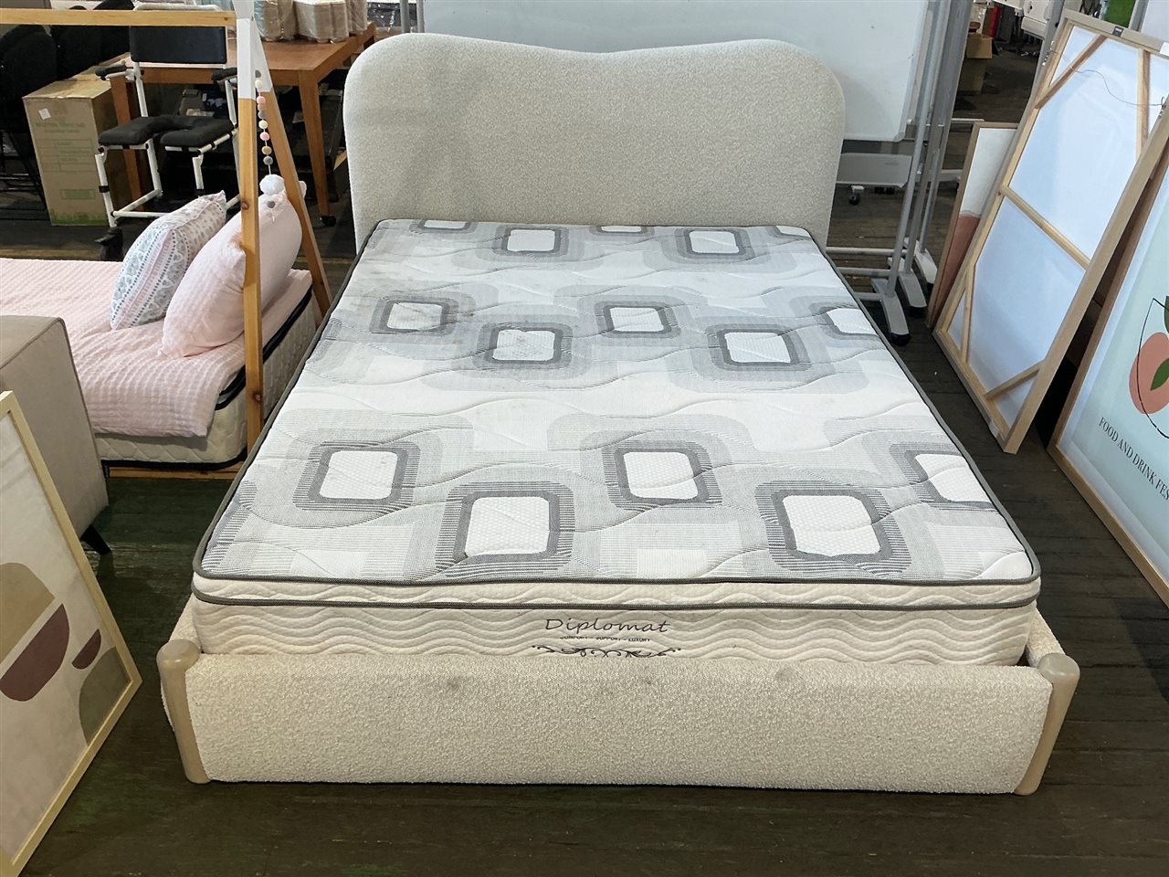 Bed Frame, Padded, Cream Fabric, Slatted Bed Frame with Mattress
