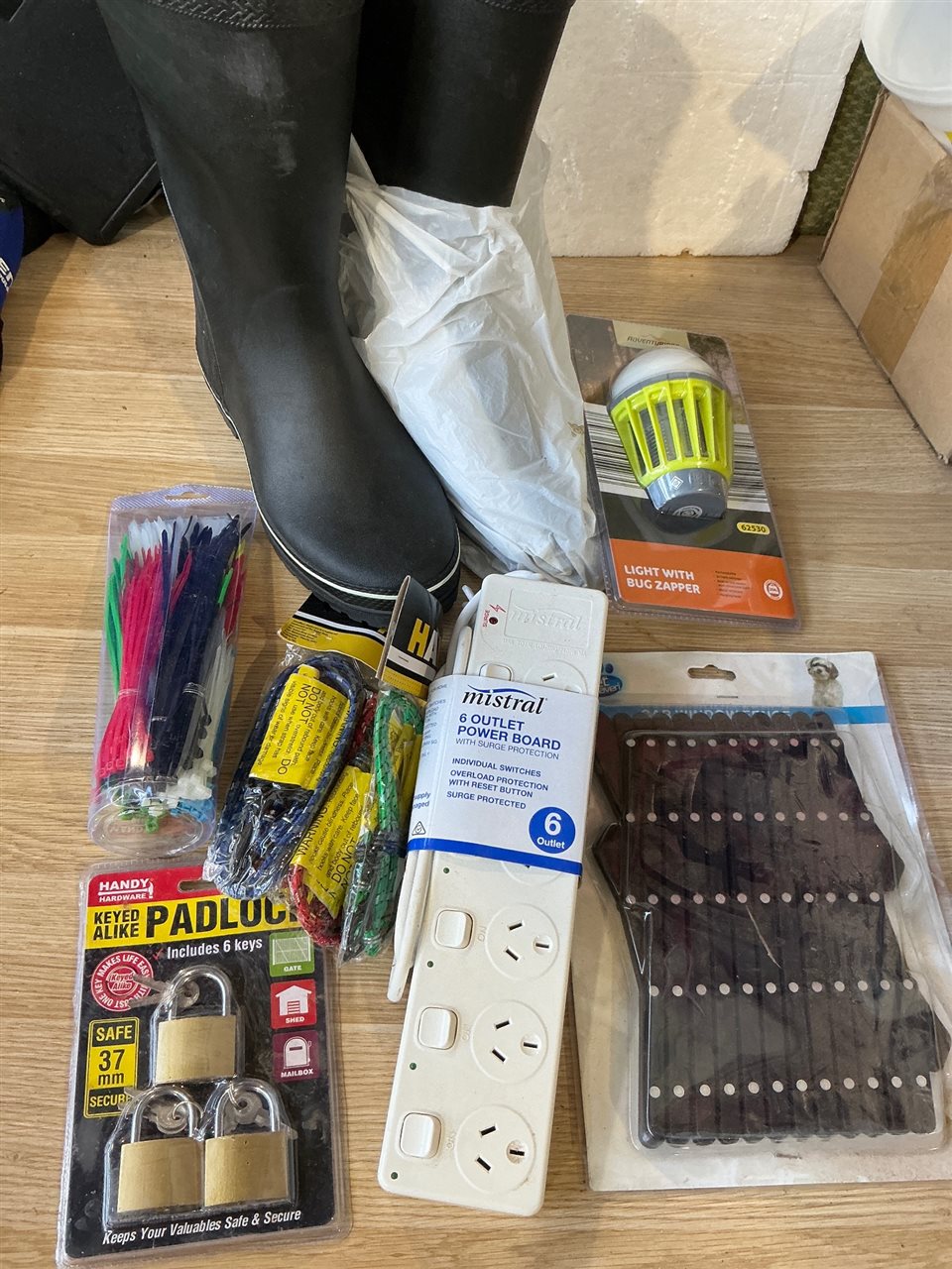 Rubber Boots Size 11 , Power Board , Bug Zapper Light, Car Window Fence Padlocks