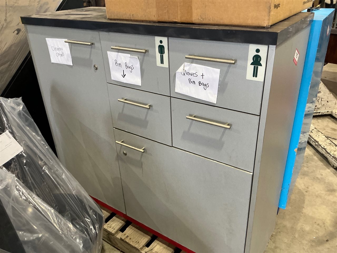 Grey Melamine Storage Cabinet, Six Doors and Drawers, Two Lockable