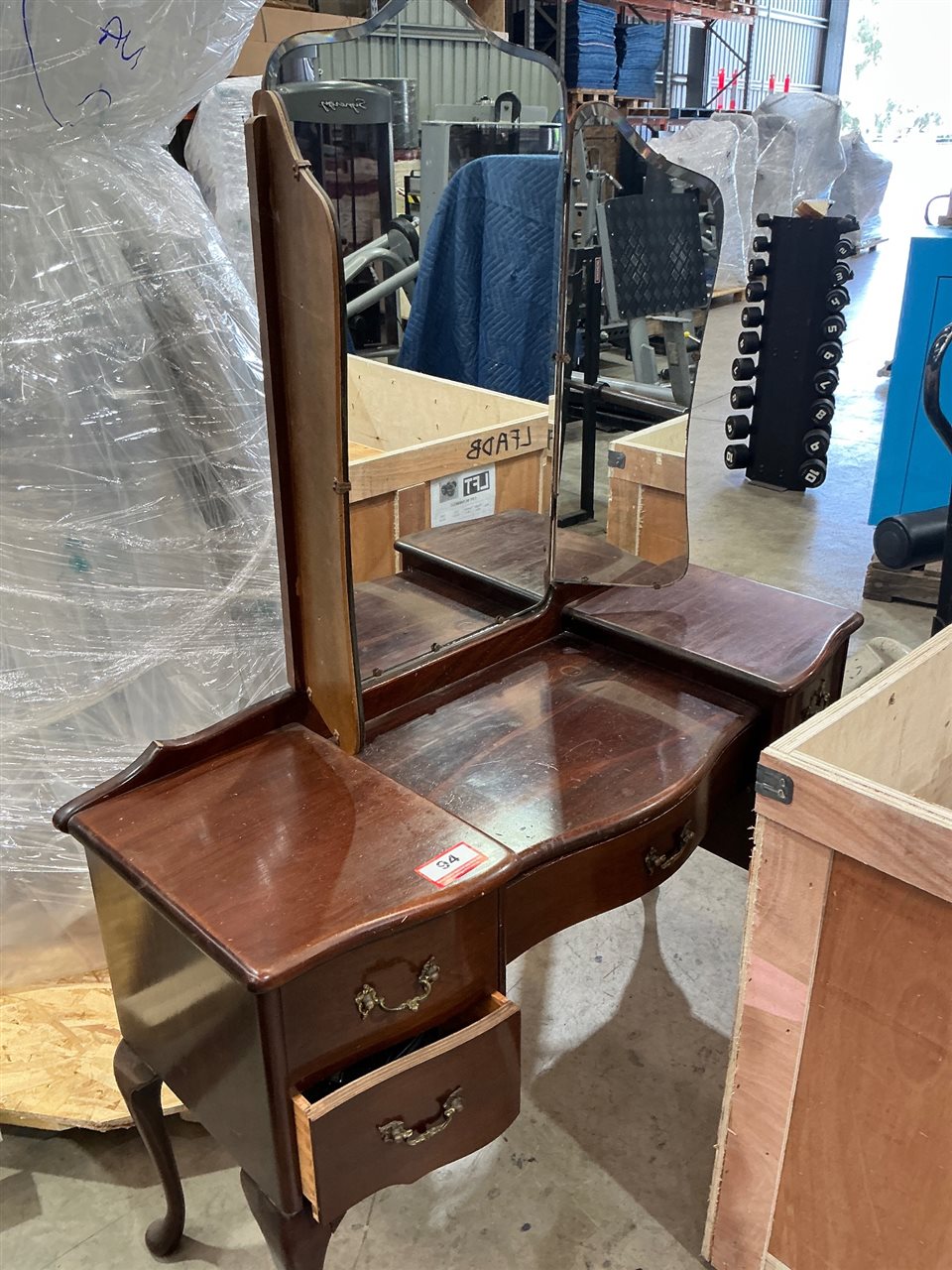 Vintage Timber Dressing Table with Triple Mirror, Five Drawers, Cabriole Legs
