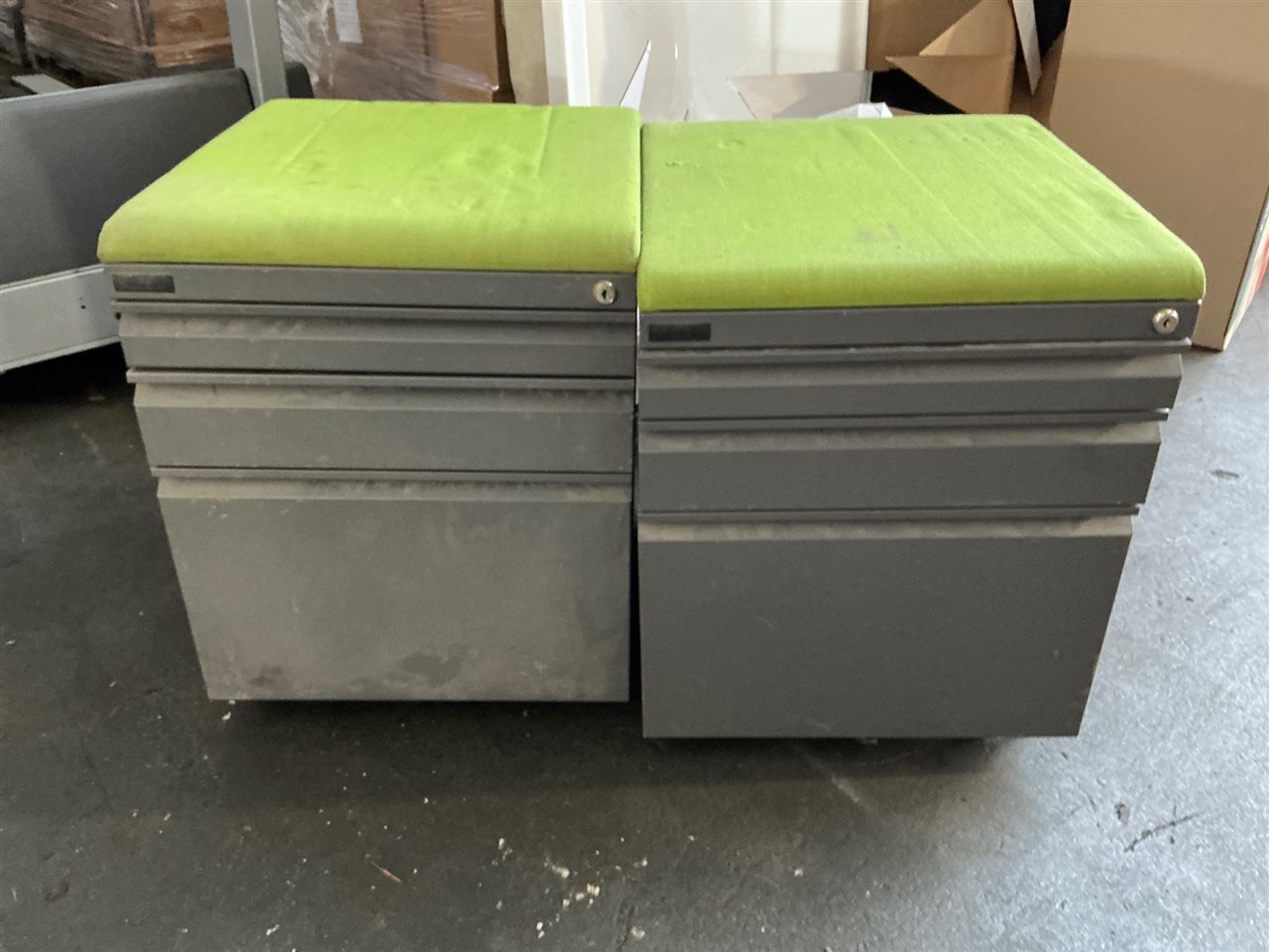 Quantity of Two Steel Mobile Drawing Units with Padded Top - One Missing Wheel