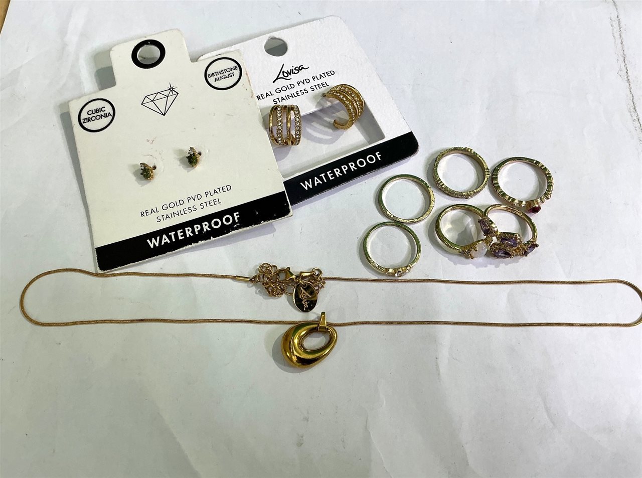 Assorted Costume Jewellery - 2 Pairs Earrings, Necklace with Oval Pendant, 6 Rings