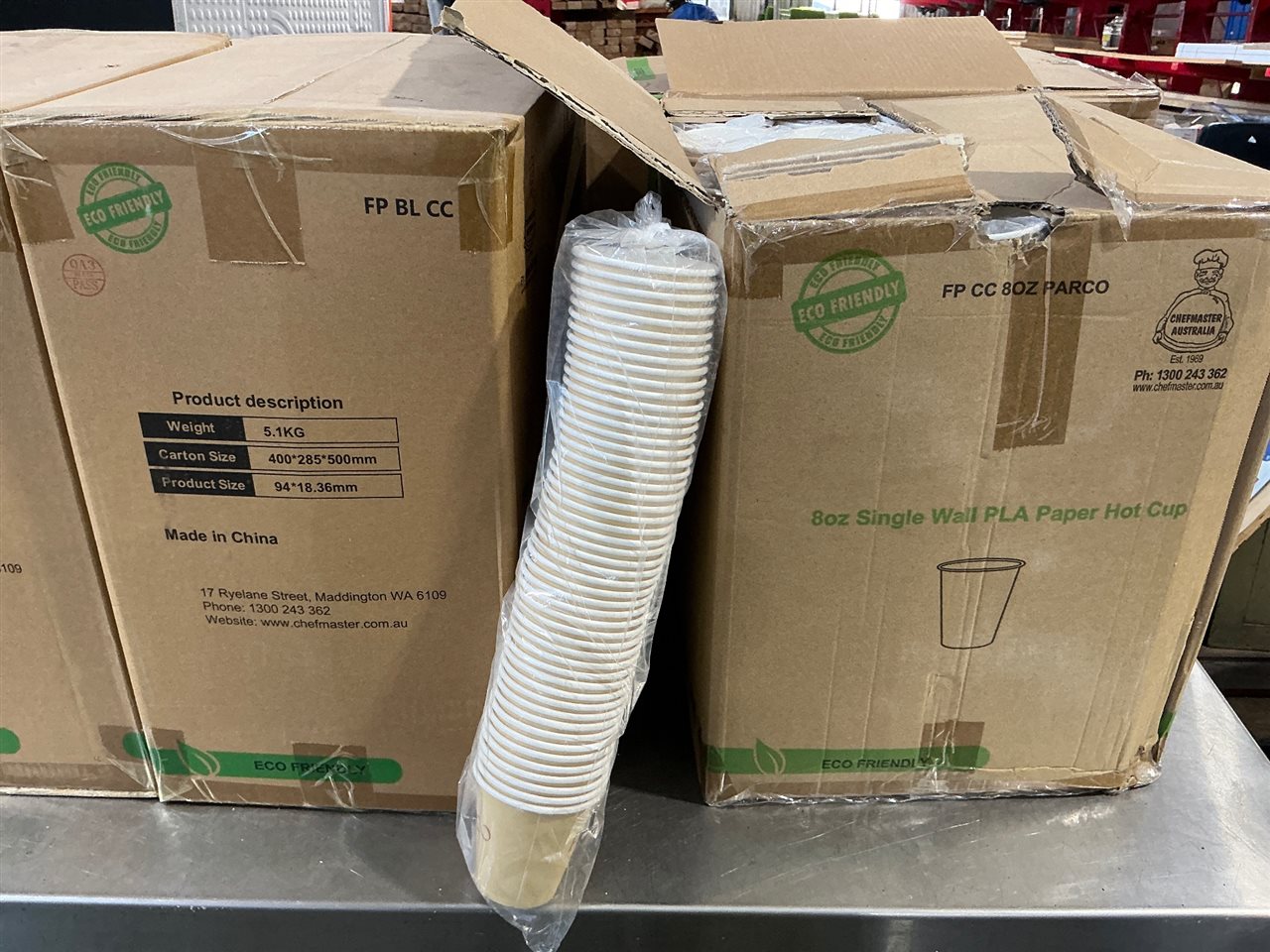 Coffee Cups -1 lot of Quantity of 3 Cartons @ 8 Oz. Single Wall PLA Paper Hot Cup - Carton of 1000 Pcs . and 2 Cartons of Lids Thumbnail