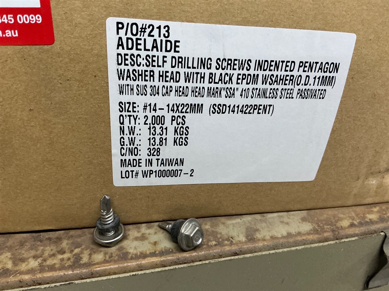 Stainless Steel Pentagon Head Tek Screws x 2000, #14 x 14-22mm Long (Located At Wingfield)