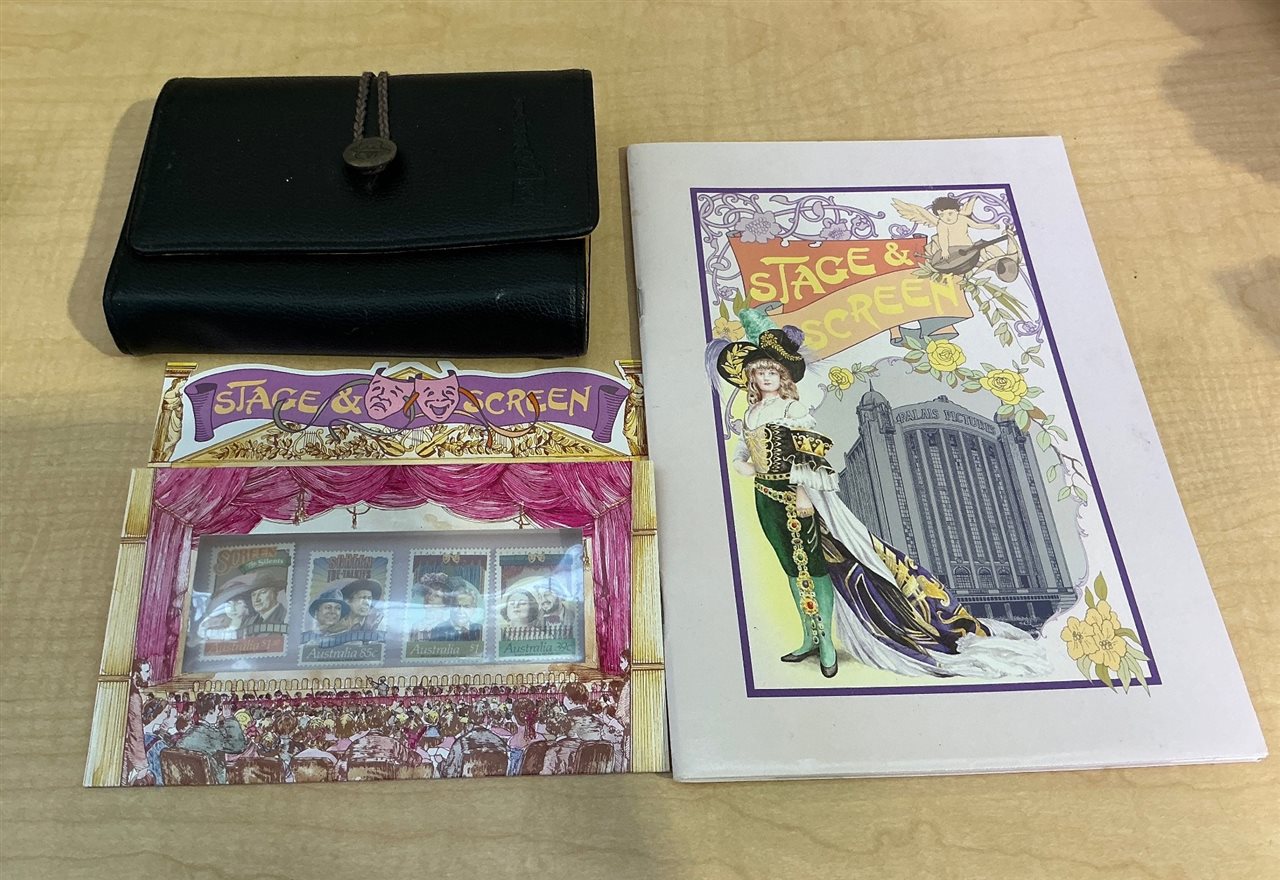 Australia Post "Stage & Screen" Booklet 1989 & Indiana Jones Purse/Wallet (Leather Look)