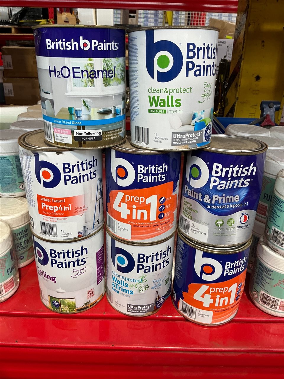 British Paints - 1 Litre Tins  -Quantity 8 Mixed -Primer ,Ceiling Walls and Trim