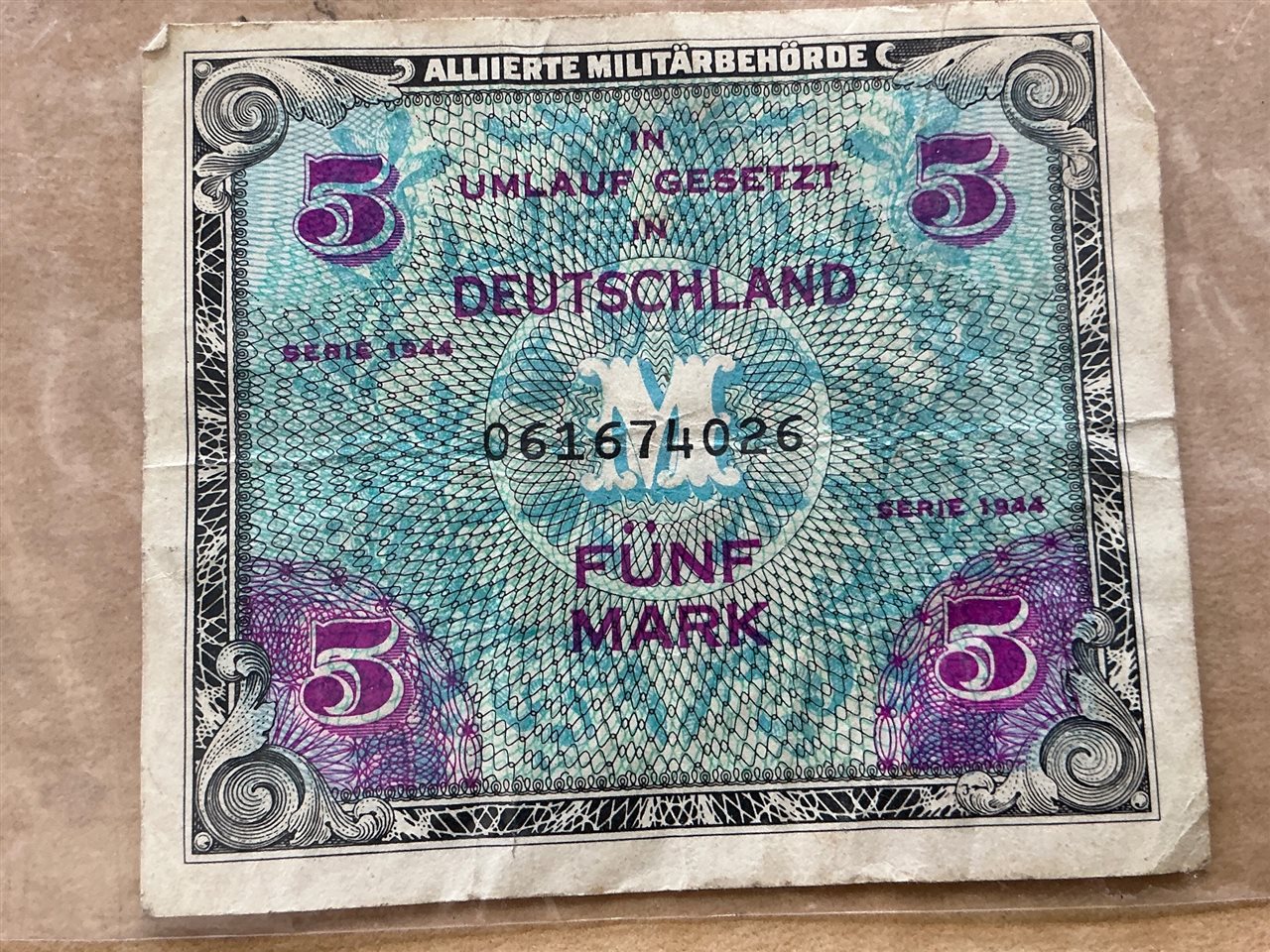 Germany 5 Mark Allied Military Currency –  1944