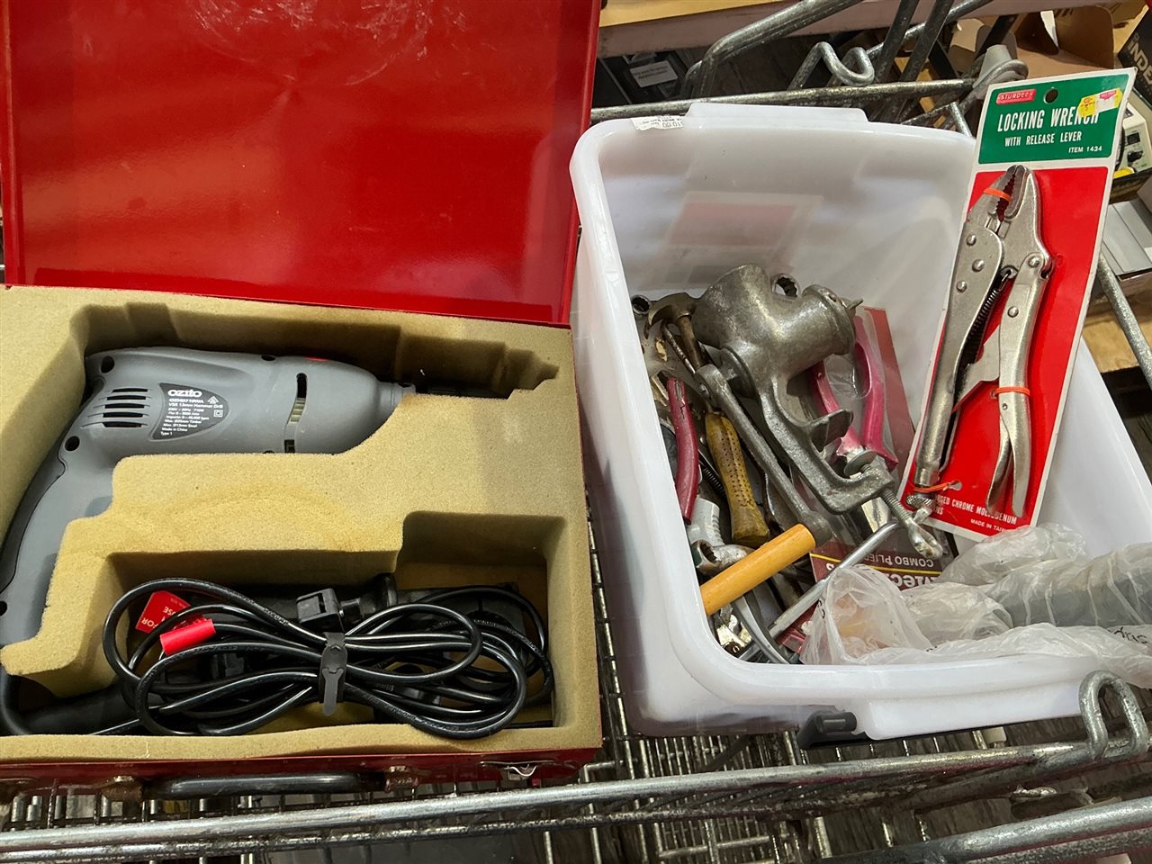 Ozito Electric Drill and Box of  Tools