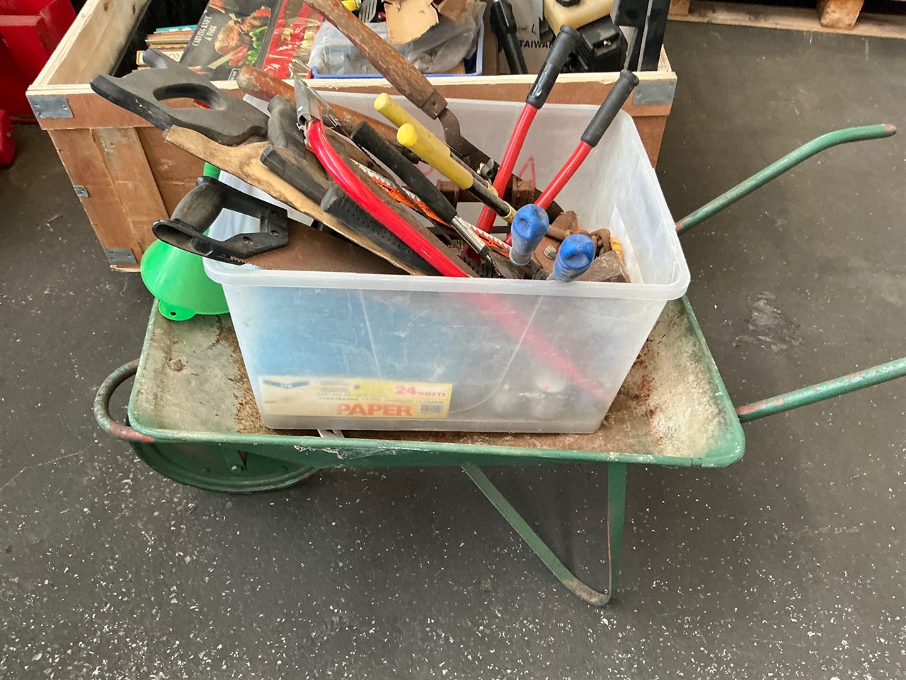 Tub of Tools and Wheel Barrow