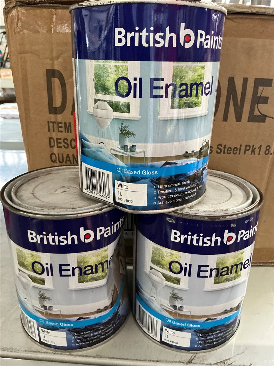 British Paints -Oil Enamel —  Gloss Quantity of 3 Cans @ 1 Litre - White -