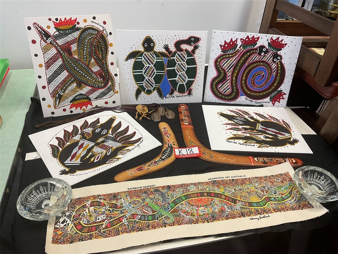 Assorted Indigenous Items, Paintings, Boomerangs Etc