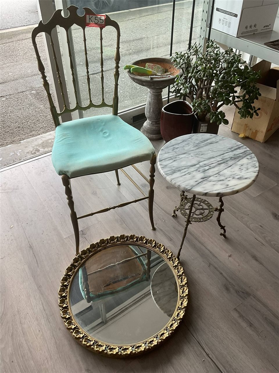 Vintage Chair, Small Table 38 Cm Diameter And Decorative Mirror