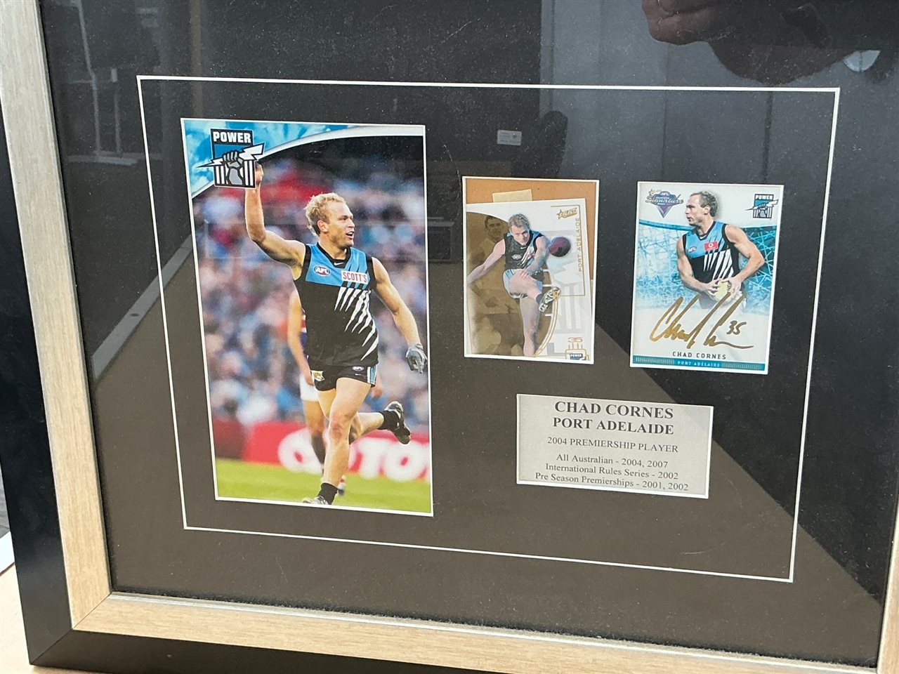 Framed Chad Cornes Port Adelaide Display with Card Bearing Signature and Plaque