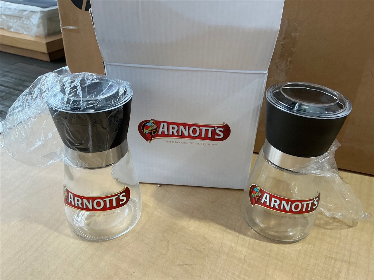 Arnott's Branded Glass Grinders x 2, Boxed