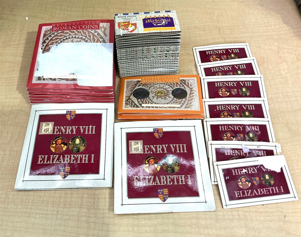 Reproduction Coin Sets Incl. Roman, Medieval and Henry VIII & Elizabeth I - (Some Water Damaged Unable to Open)