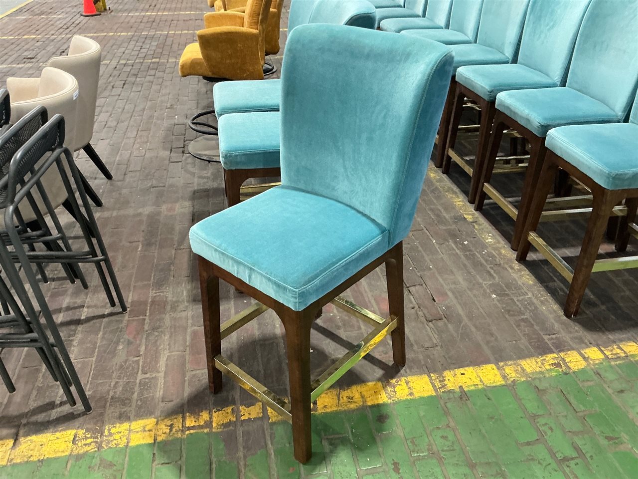 Bar Stools, Pale Jade Valour Fabric, Timber Legs with Metal Supports Quantity of 10