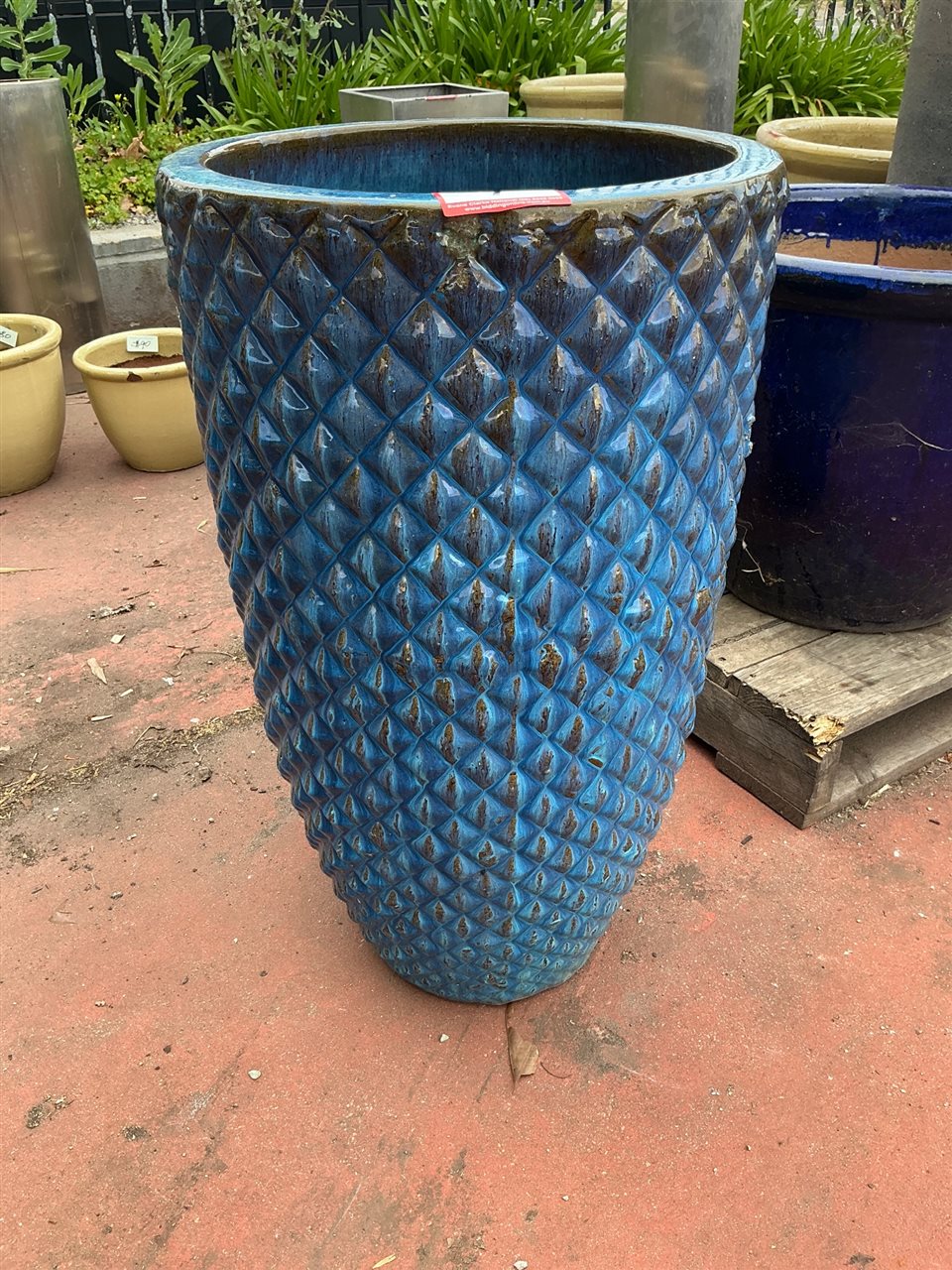 Tall Tapered Glazed Pot, Turquoise Diamond Relief, Diameter 460mm x 800mm High