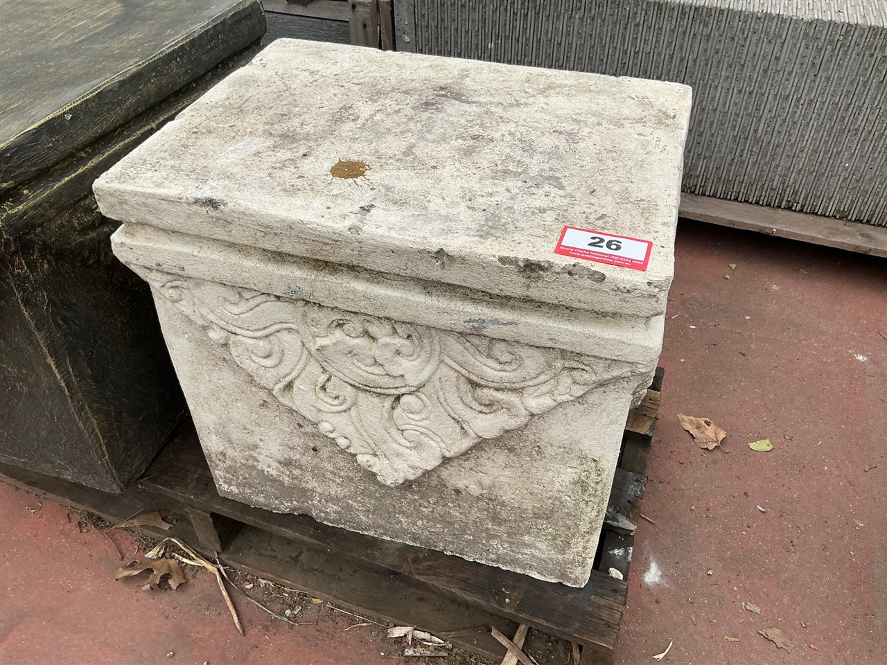 Square Pedestal with Carved Scroll Corners, Weathered Cream Finish