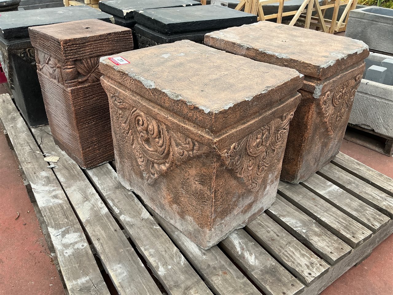 Pallet of 3 Pedestals, 2 Carved Terracotta Finish and 1 Tall Grooved
