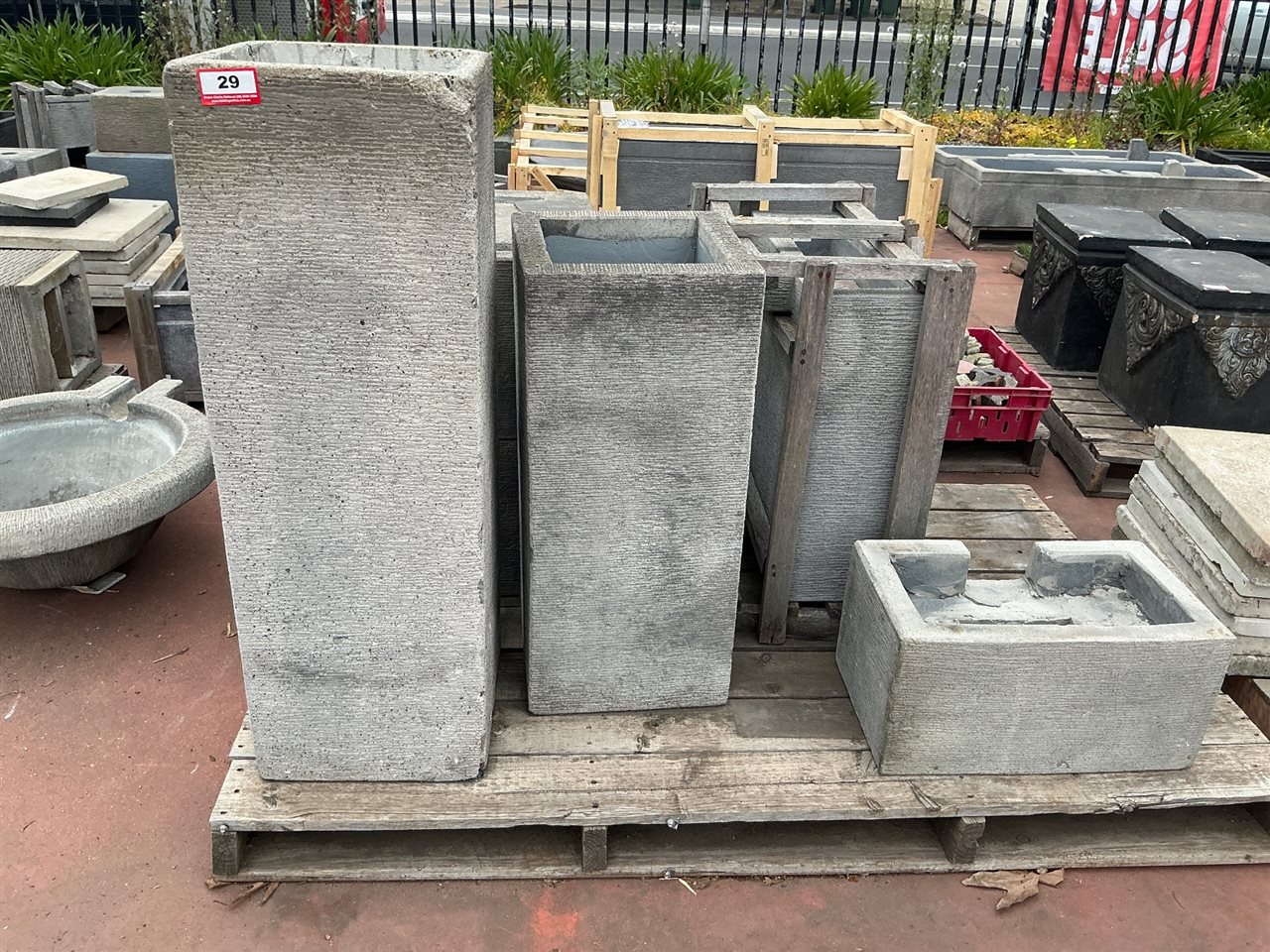 Pallet of Assorted Grooved Grey Planters and Water Feature Parts