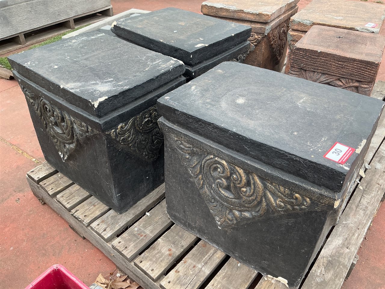 3 Square Pedestals with Carved Corner Relief, Black and Bronze Finish