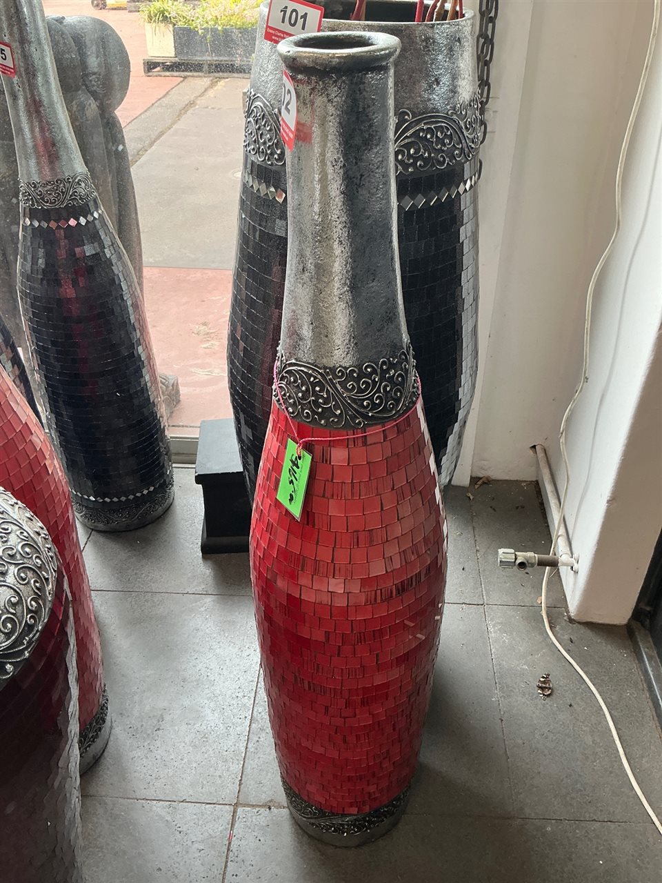 Tall Red Mosaic Bottle Floor Vase with Silver Neck