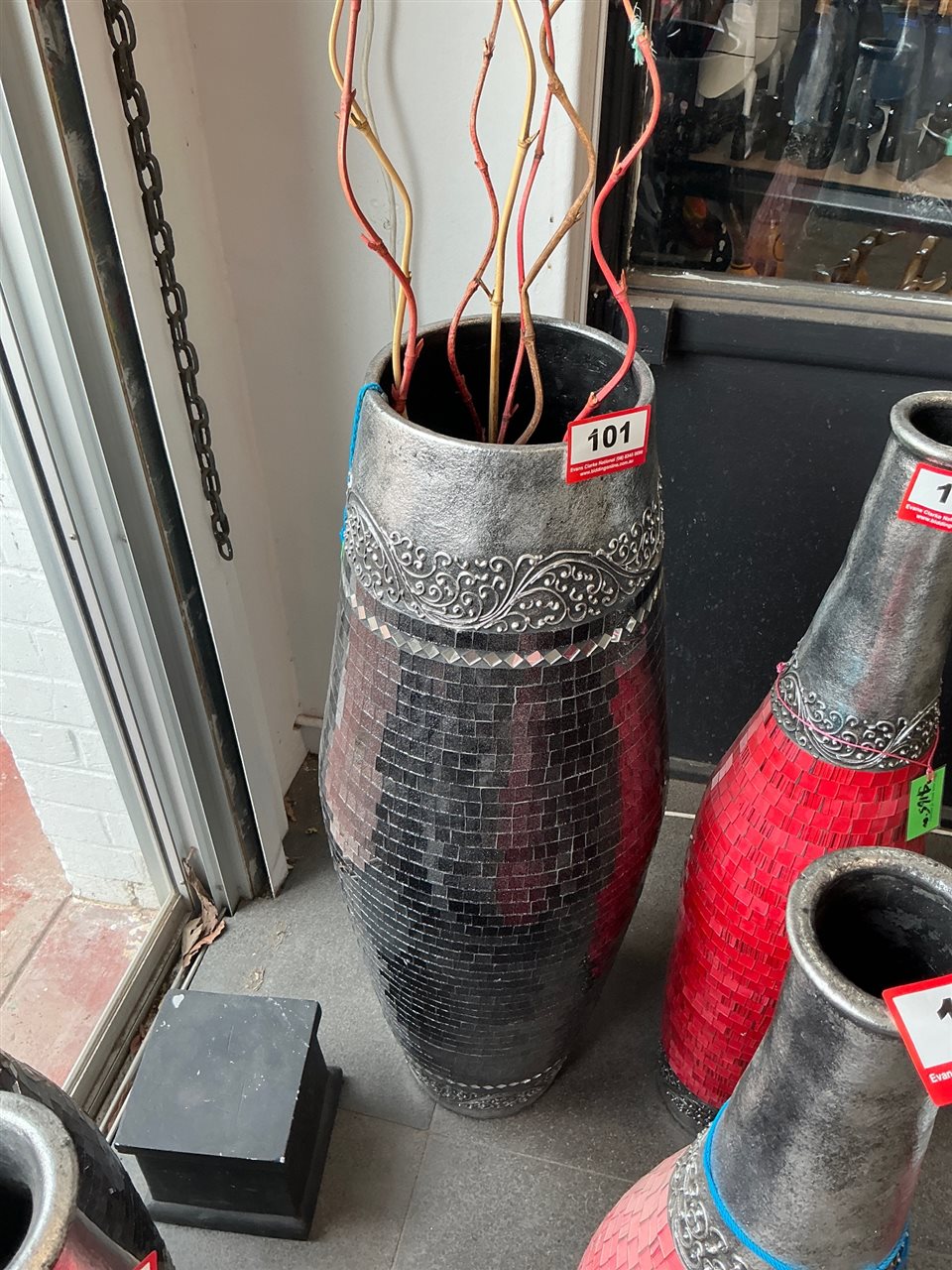 Tall Black and Silver Mirror Mosaic Floor Vase