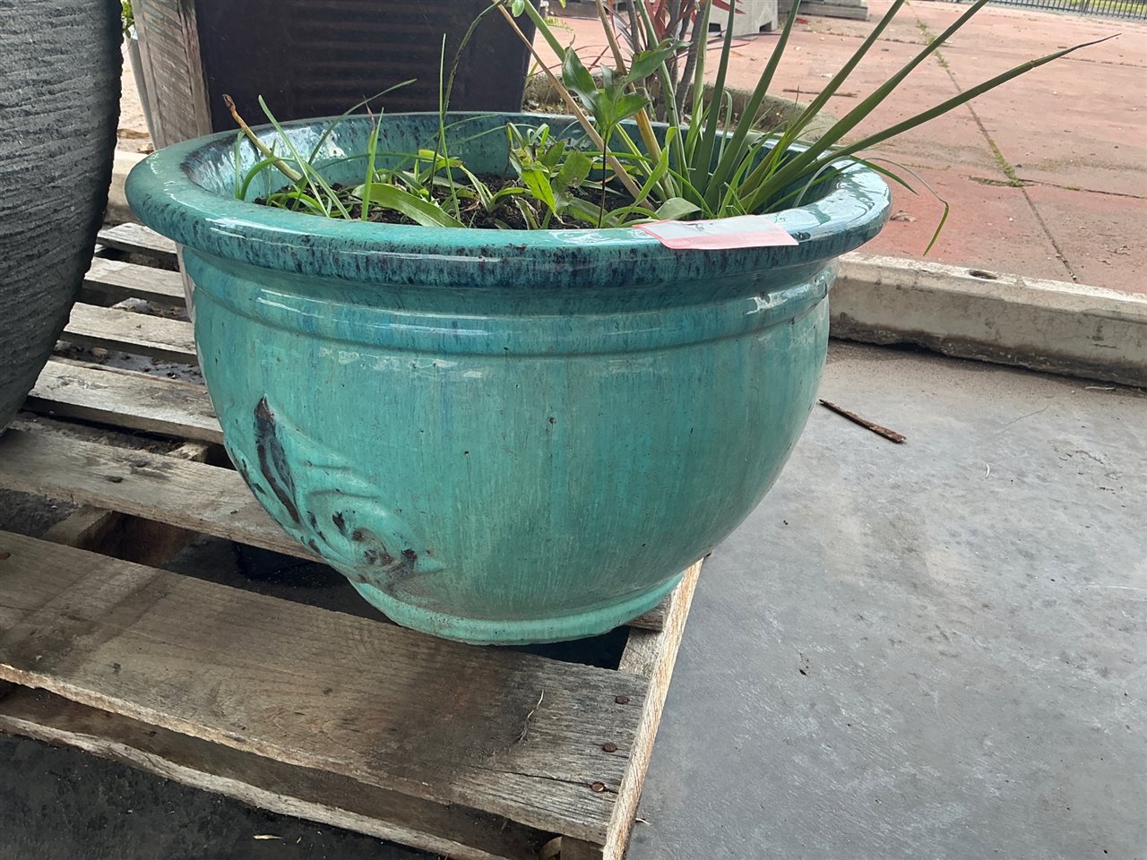Turquoise Glazed Bowl Pot, Embossed Motif, 500mm Diameter x 330mm High