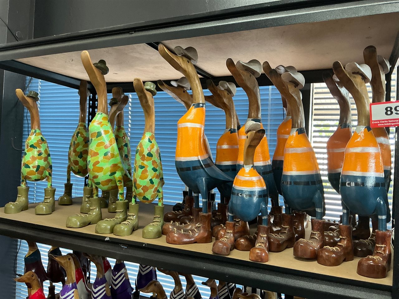 Lot of Approx 15 Carved Timber Ducks, Camouflage and Hi-Vis Tradie
