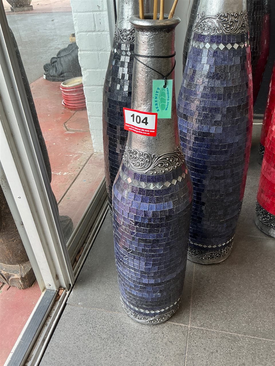 Purple Glitter Mosaic Bottle Floor Vase with Silver Neck