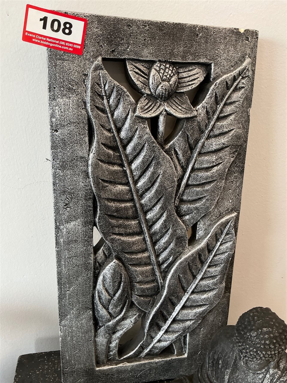 Solid Carved Lotus and Leaf Wall Panel, Grey Silver Wash