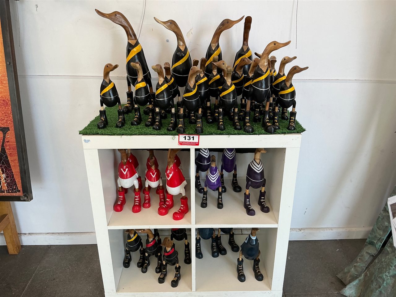 Lot of Approx 30 Carved Timber Ducks, Football Guernsey Colours