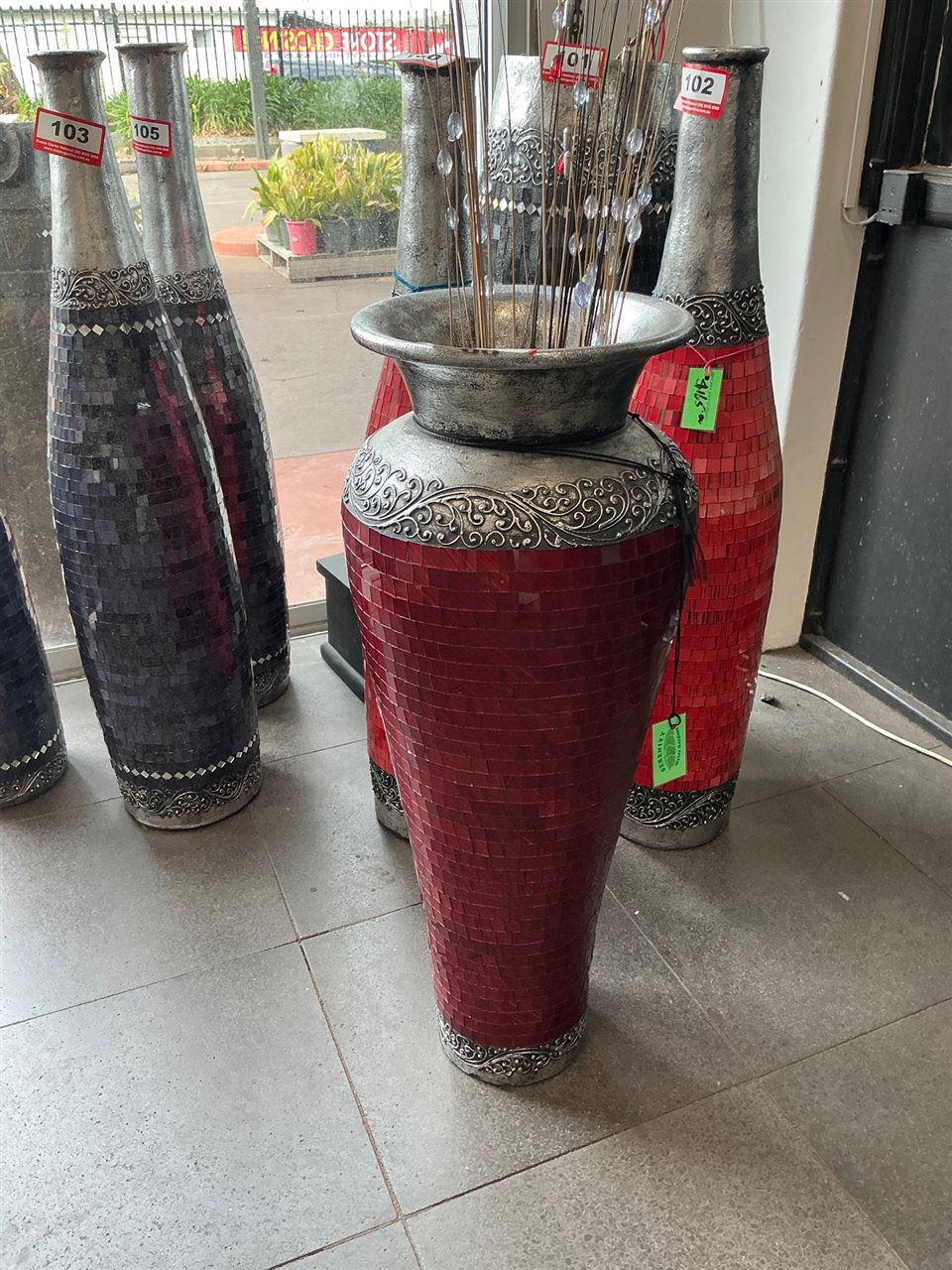 Tall Red Mosaic Floor Vase with Silver Scroll Band