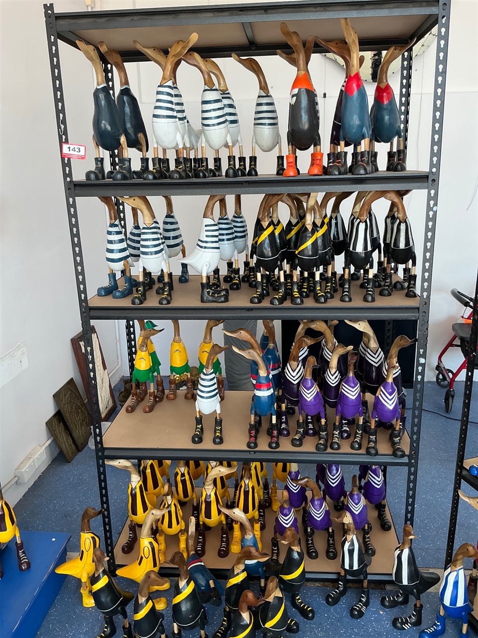 Lot of Approx 80 Carved Timber Ducks, Football Guernsey Colours