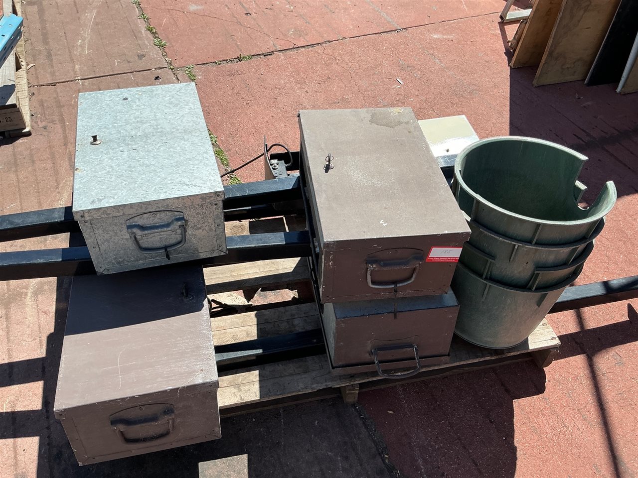 Pallet of 4 Metal Storage Boxes and Green Plastic Tubs