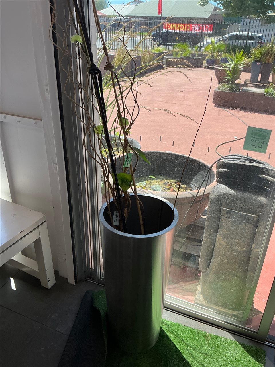 Tall Brushed Metal Cylinder Planter with Decorative Branches