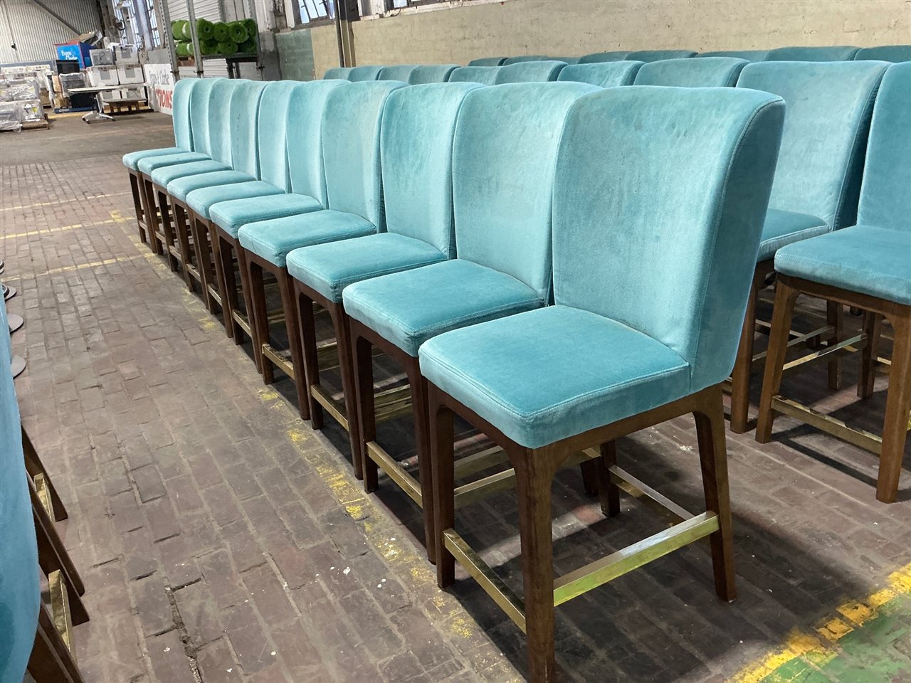 Bar Stools, Pale Jade Valour Fabric, Timber Legs, Metal Supports Quantity of 3