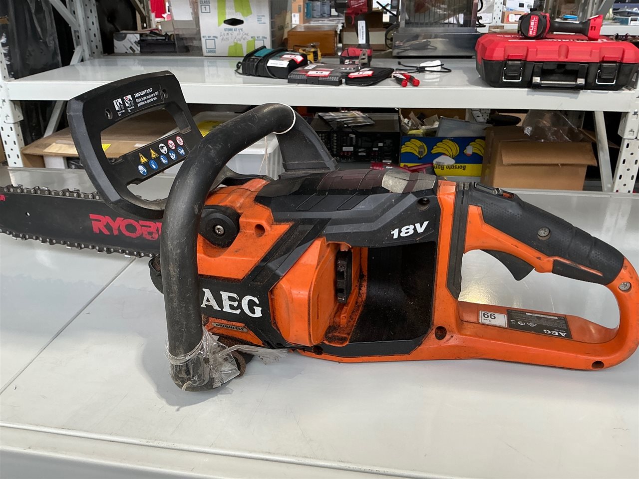AEG Cordless 18 V Chainsaw- No Battery - Has Ryobi Bar - Not Tested