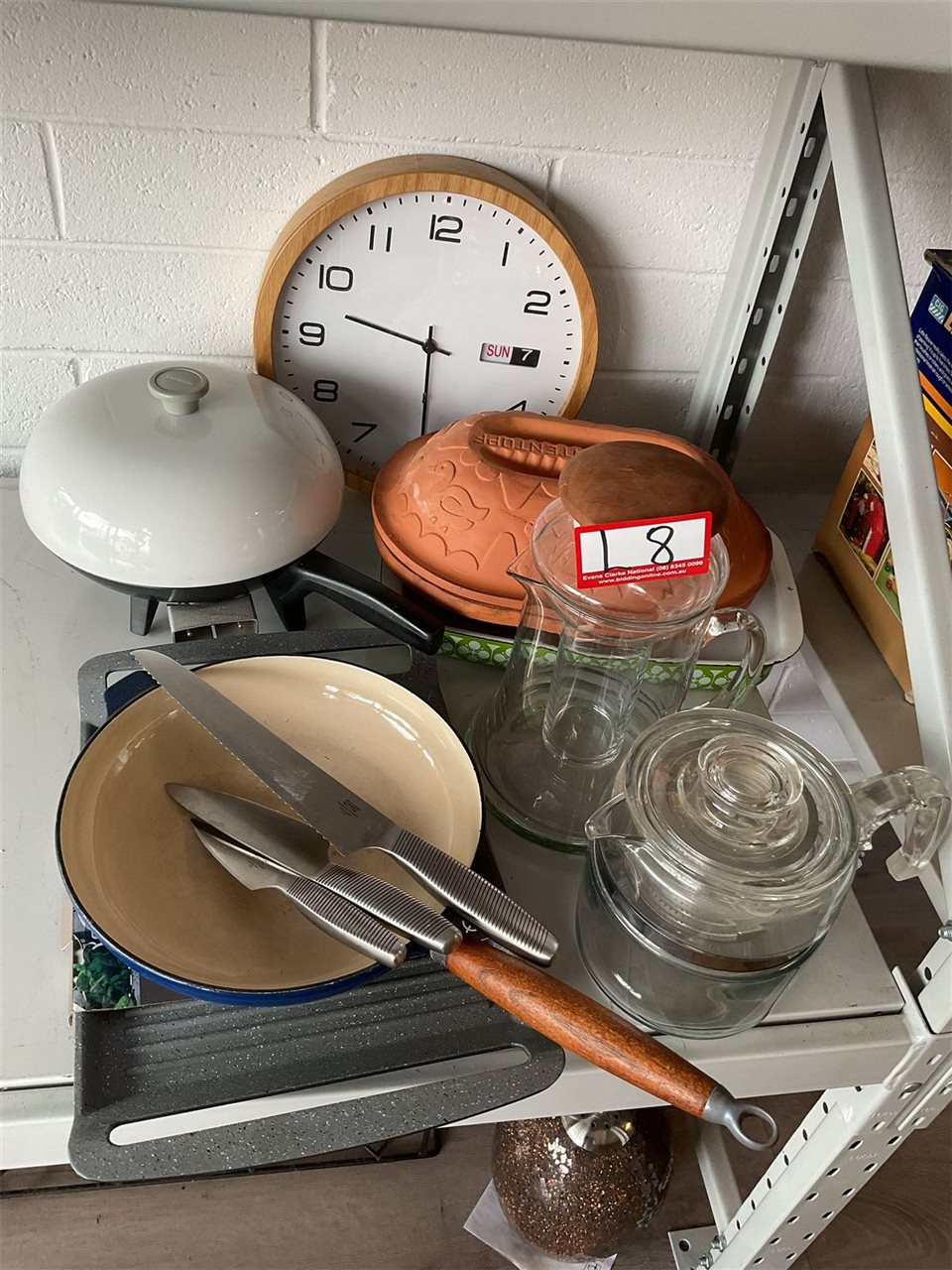 Frypan, Clock, Large Water Jug, Coffee Or Tea Maker, Electric Frypan, Knives And Grill Plate, Untested, "Sold As Is"