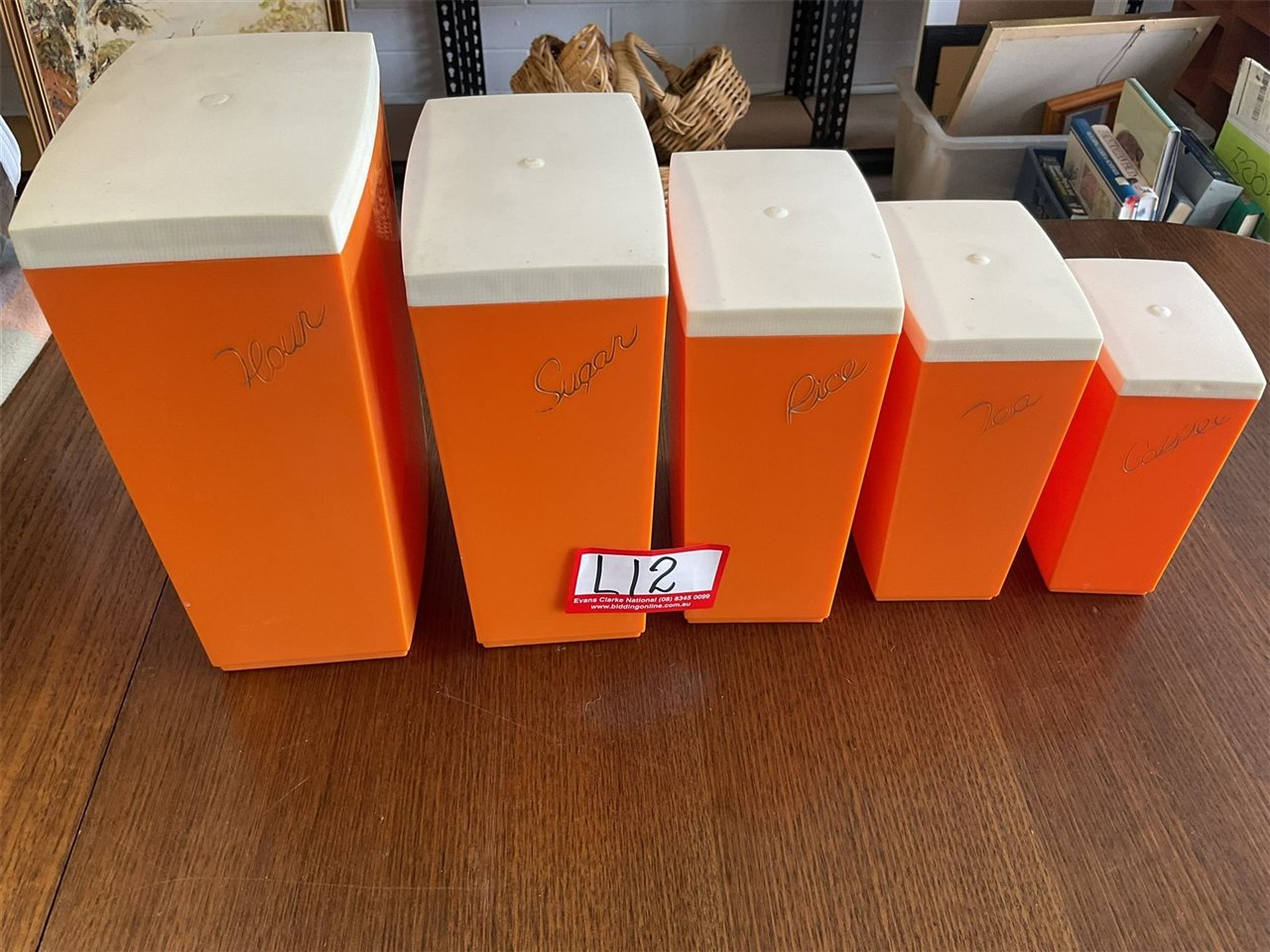 Retro Set Of Orange Canisters Plus Anodised Cups, Scale, Cake Carriers, Tupperware Etc