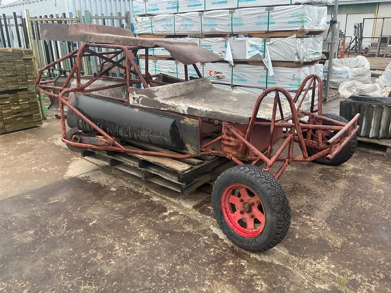 Off Road Buggy Frame - Unfinished Project- 4 Alum. Rims , 2 Steel Rims , 2 Sand Tyres -Aluminium Fuel Tank - Axles with Hubs , Fibreglass Bonnet , Hood and Flaring